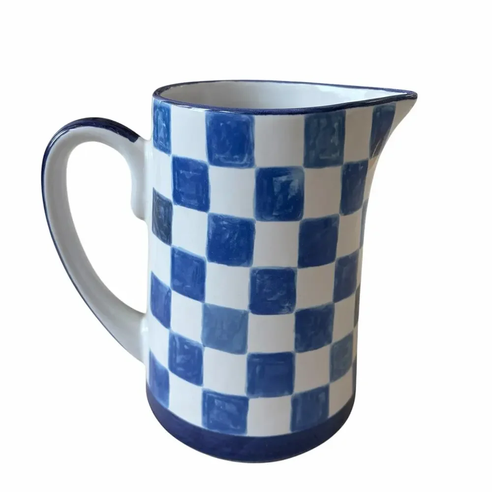 NEW Mackenzie Childs Indigo Check Pitcher 1.75 Qt Stoneware